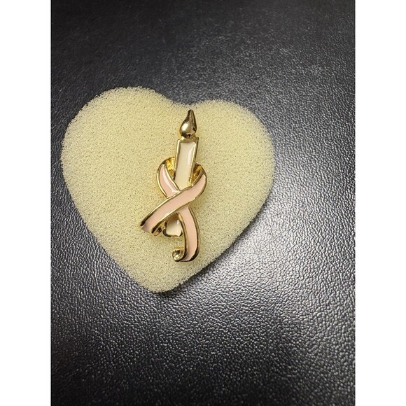 Vintage Pink Ribbon Candle Stick Breast Cancer Aware Gold Tone Enamel Lapel Pin - Picture 1 of 5